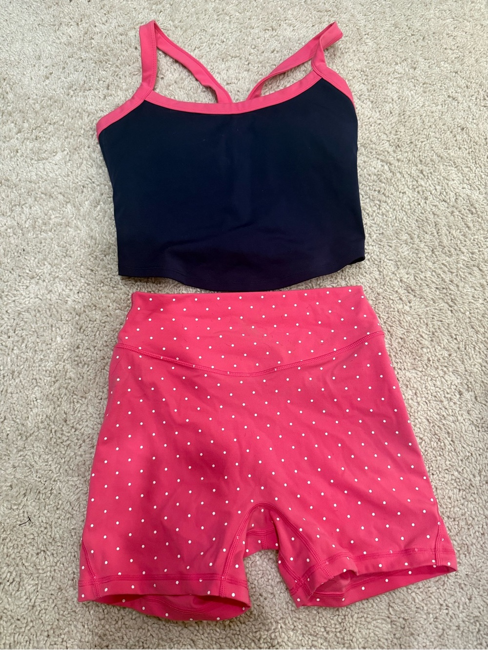 Women’s Black Crop Tank with Pink Trim & Pink Polka Dot Bike Shorts Set
